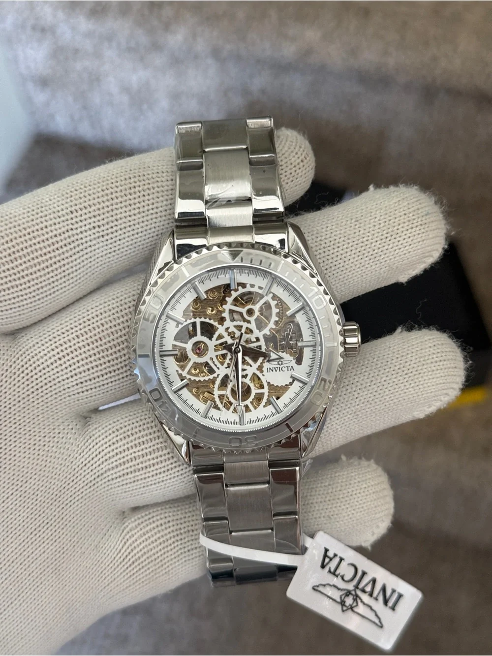 Invicta Silver Skeleton Mechanical Objet D Art Men Watch - Silver/Gold Dial